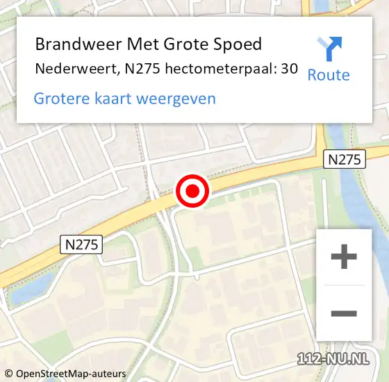 Locatie op kaart van de 112 melding: Brandweer Met Grote Spoed Naar Nederweert, N275 hectometerpaal: 30 op 24 juni 2021 19:04