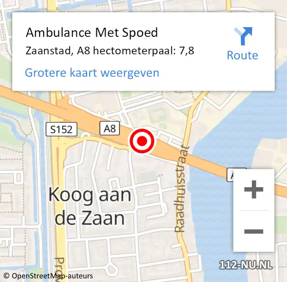 Locatie op kaart van de 112 melding: Ambulance Met Spoed Naar Zaanstad, A8 hectometerpaal: 7,8 op 24 juni 2021 19:05