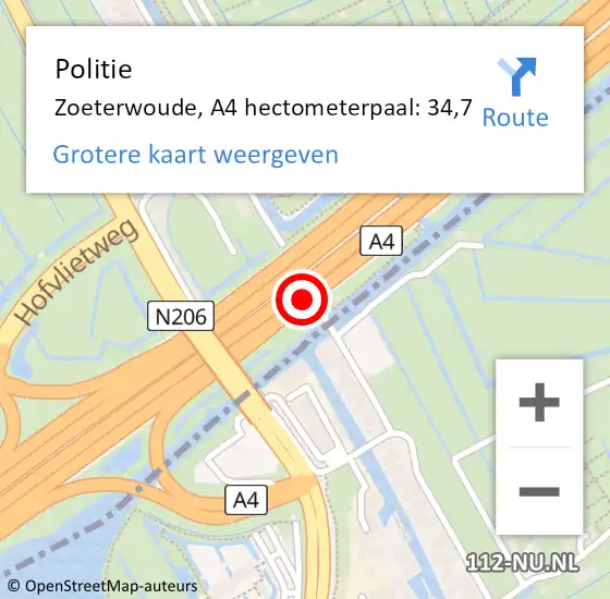 Locatie op kaart van de 112 melding: Politie Zoeterwoude, A4 hectometerpaal: 34,7 op 24 juni 2021 19:20