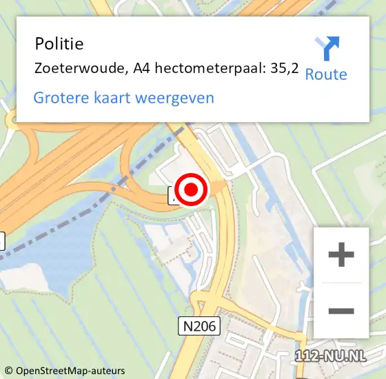 Locatie op kaart van de 112 melding: Politie Zoeterwoude, A4 hectometerpaal: 35,2 op 24 juni 2021 19:46