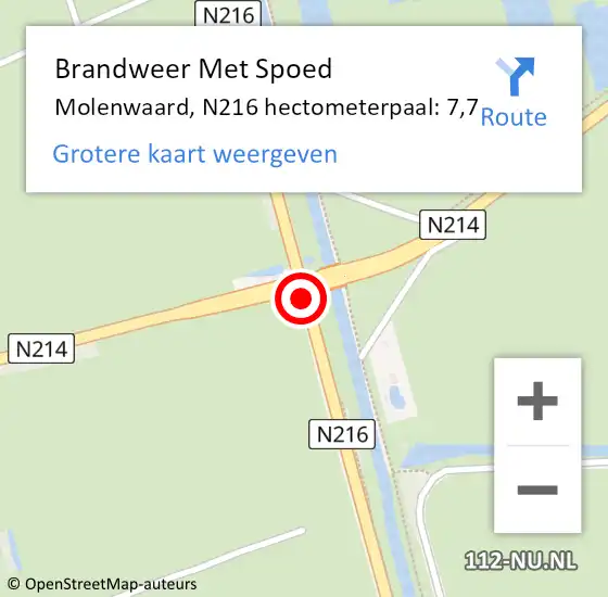 Locatie op kaart van de 112 melding: Brandweer Met Spoed Naar Molenwaard, N216 hectometerpaal: 7,7 op 24 juni 2021 20:30