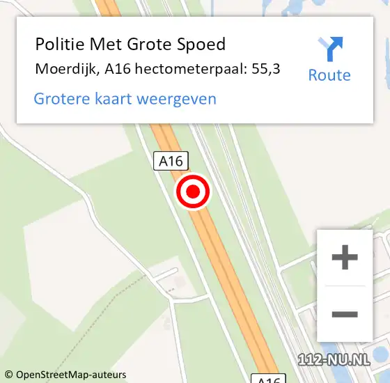 Locatie op kaart van de 112 melding: Politie Met Grote Spoed Naar Moerdijk, A16 hectometerpaal: 55,3 op 24 juni 2021 21:58