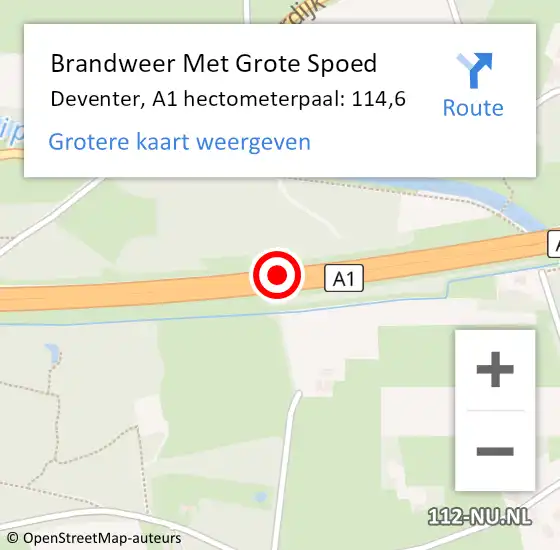 Locatie op kaart van de 112 melding: Brandweer Met Grote Spoed Naar Deventer, A1 hectometerpaal: 114,6 op 25 juni 2021 01:46
