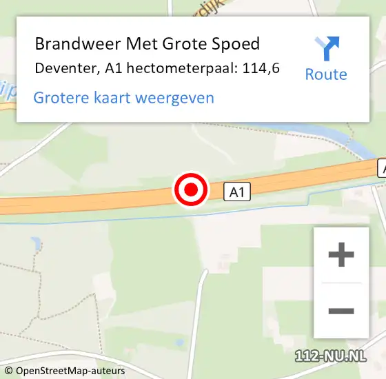 Locatie op kaart van de 112 melding: Brandweer Met Grote Spoed Naar Deventer, A1 hectometerpaal: 114,6 op 25 juni 2021 01:50