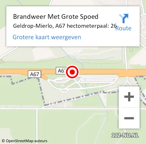 Locatie op kaart van de 112 melding: Brandweer Met Grote Spoed Naar Geldrop-Mierlo, A67 hectometerpaal: 26 op 25 juni 2021 01:57