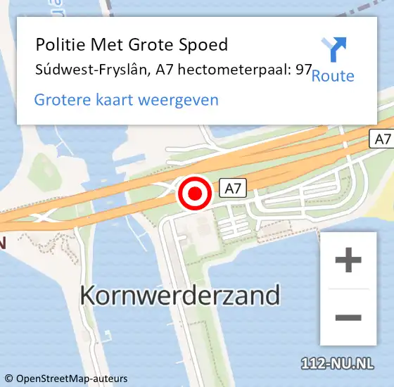 Locatie op kaart van de 112 melding: Politie Met Grote Spoed Naar Súdwest-Fryslân, A7 hectometerpaal: 97 op 25 juni 2021 03:20