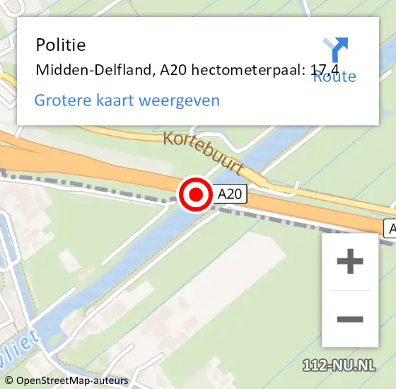 Locatie op kaart van de 112 melding: Politie Midden-Delfland, A20 hectometerpaal: 17,4 op 25 juni 2021 04:27