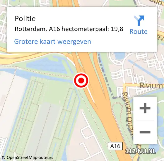Locatie op kaart van de 112 melding: Politie Rotterdam, A16 hectometerpaal: 19,8 op 25 juni 2021 08:51