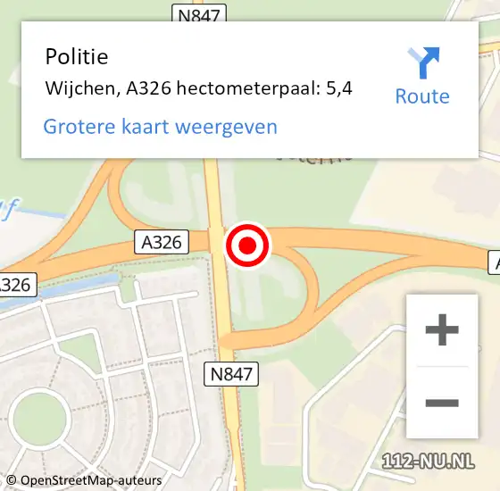 Locatie op kaart van de 112 melding: Politie Wijchen, A326 hectometerpaal: 5,4 op 25 juni 2021 12:59