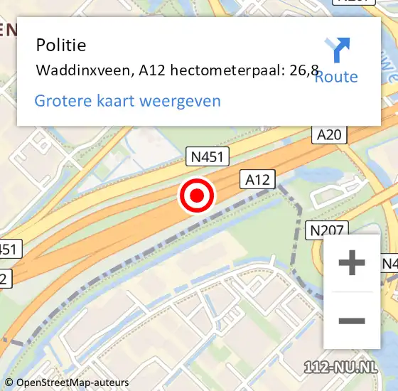 Locatie op kaart van de 112 melding: Politie Waddinxveen, A12 hectometerpaal: 26,8 op 25 juni 2021 13:07