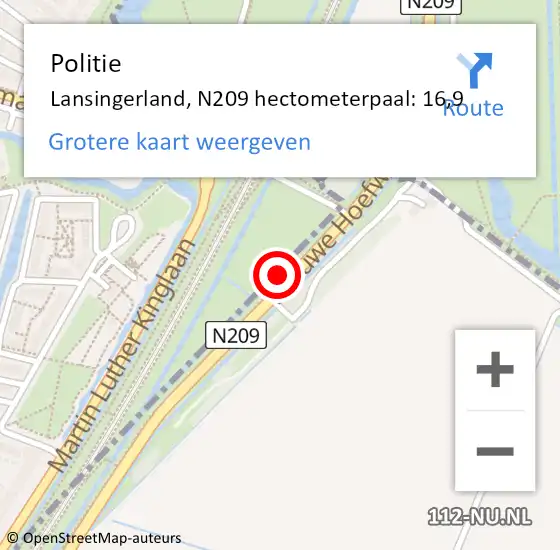 Locatie op kaart van de 112 melding: Politie Lansingerland, N209 hectometerpaal: 16,9 op 25 juni 2021 13:50