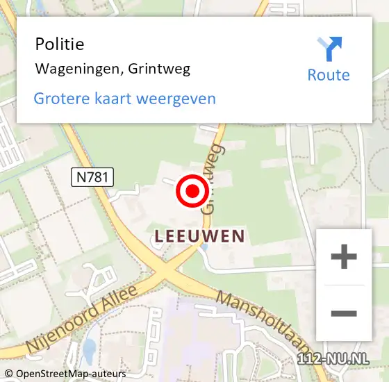 Locatie op kaart van de 112 melding: Politie Wageningen, Grintweg op 25 juni 2021 14:14