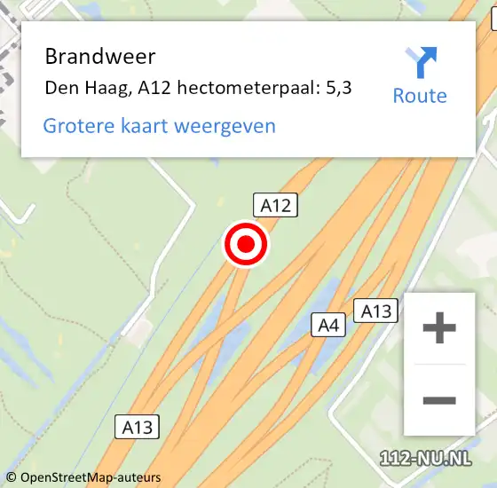 Locatie op kaart van de 112 melding: Brandweer Den Haag, A12 hectometerpaal: 5,3 op 25 juni 2021 15:21