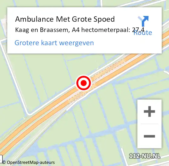 Locatie op kaart van de 112 melding: Ambulance Met Grote Spoed Naar Kaag en Braassem, A4 hectometerpaal: 27,4 op 25 juni 2021 17:55