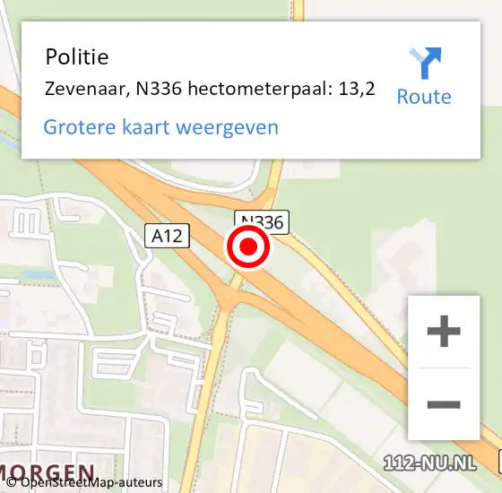 Locatie op kaart van de 112 melding: Politie Zevenaar, N336 hectometerpaal: 13,2 op 25 juni 2021 18:42
