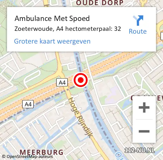 Locatie op kaart van de 112 melding: Ambulance Met Spoed Naar Zoeterwoude, A4 hectometerpaal: 32 op 25 juni 2021 19:21