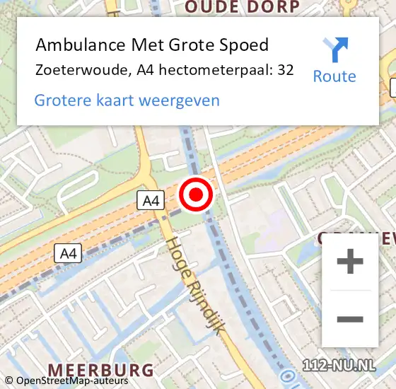 Locatie op kaart van de 112 melding: Ambulance Met Grote Spoed Naar Zoeterwoude, A4 hectometerpaal: 32 op 25 juni 2021 20:04