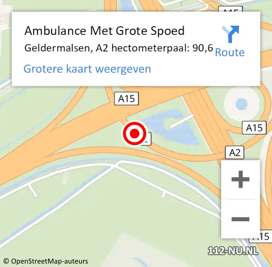 Locatie op kaart van de 112 melding: Ambulance Met Grote Spoed Naar Geldermalsen, A2 hectometerpaal: 90,6 op 25 juni 2021 20:12