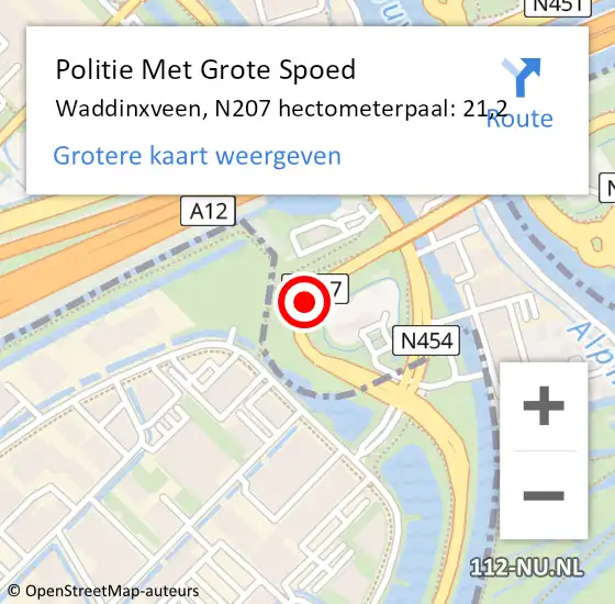 Locatie op kaart van de 112 melding: Politie Met Grote Spoed Naar Waddinxveen, N207 hectometerpaal: 21,2 op 25 juni 2021 21:09