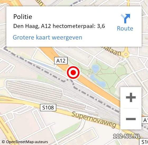 Locatie op kaart van de 112 melding: Politie Den Haag, A12 hectometerpaal: 3,6 op 26 juni 2021 00:15