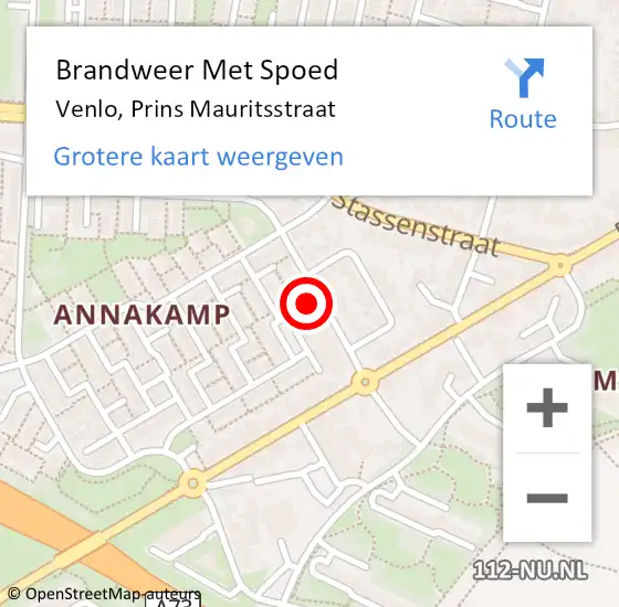 Locatie op kaart van de 112 melding: Brandweer Met Spoed Naar Venlo, Prins Mauritsstraat op 26 juni 2021 06:48