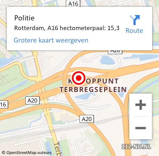 Locatie op kaart van de 112 melding: Politie Rotterdam, A16 hectometerpaal: 15,3 op 26 juni 2021 07:51