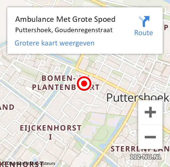 Locatie op kaart van de 112 melding: Ambulance Met Grote Spoed Naar Puttershoek, Goudenregenstraat op 26 juni 2021 10:24