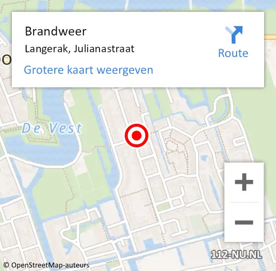 Locatie op kaart van de 112 melding: Brandweer Langerak, Julianastraat op 26 juni 2021 11:47