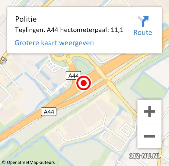 Locatie op kaart van de 112 melding: Politie Teylingen, A44 hectometerpaal: 11,1 op 26 juni 2021 12:52