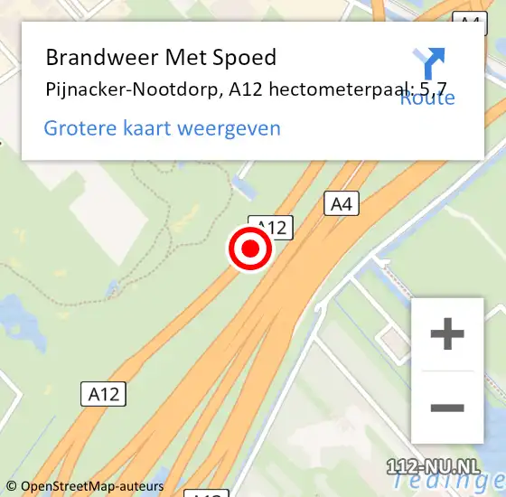 Locatie op kaart van de 112 melding: Brandweer Met Spoed Naar Den Haag, A12 hectometerpaal: 5,7 op 26 juni 2021 13:44