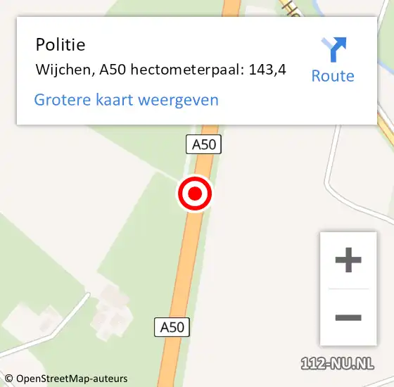 Locatie op kaart van de 112 melding: Politie Wijchen, A50 hectometerpaal: 143,4 op 26 juni 2021 13:57