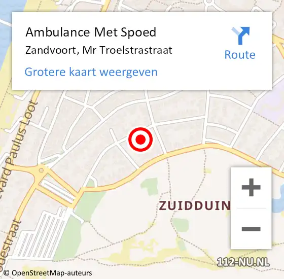 Locatie op kaart van de 112 melding: Ambulance Met Spoed Naar Zandvoort, Mr Troelstrastraat op 26 juni 2021 16:10