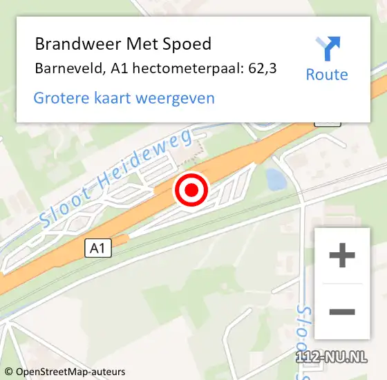 Locatie op kaart van de 112 melding: Brandweer Met Spoed Naar Barneveld, A1 hectometerpaal: 62,3 op 26 juni 2021 17:53