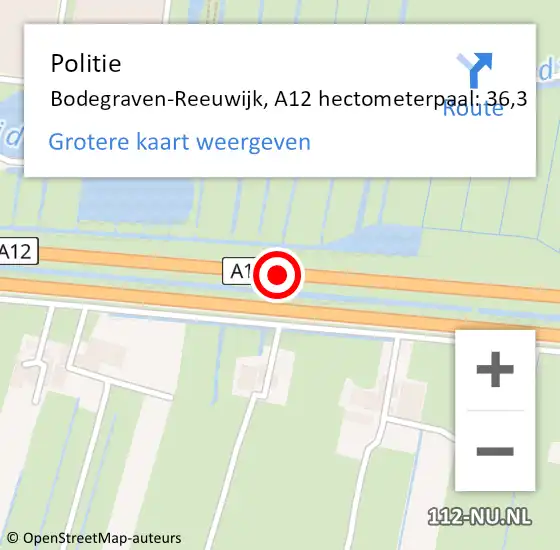 Locatie op kaart van de 112 melding: Politie Bodegraven-Reeuwijk, A12 hectometerpaal: 36,3 op 26 juni 2021 18:18