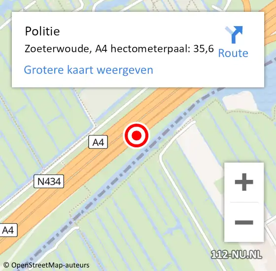 Locatie op kaart van de 112 melding: Politie Zoeterwoude, A4 hectometerpaal: 35,6 op 26 juni 2021 18:45