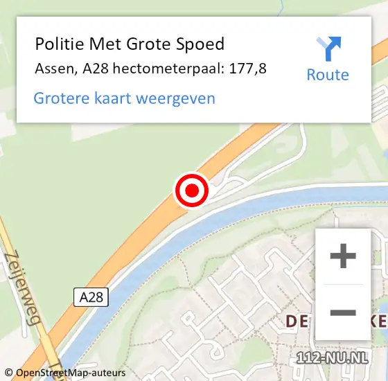 Locatie op kaart van de 112 melding: Politie Met Grote Spoed Naar Assen, A28 hectometerpaal: 177,8 op 26 juni 2021 19:04