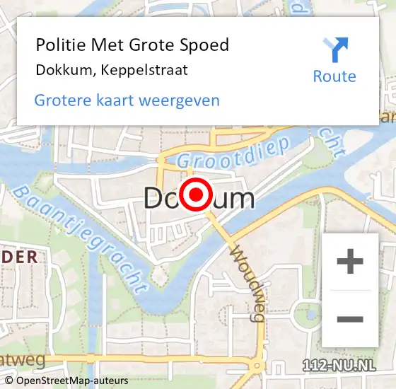 Locatie op kaart van de 112 melding: Politie Met Grote Spoed Naar Dokkum, Keppelstraat op 26 juni 2021 19:23