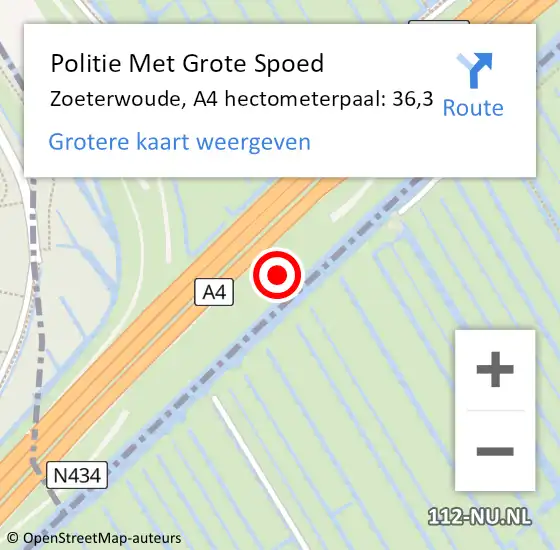 Locatie op kaart van de 112 melding: Politie Met Grote Spoed Naar Zoeterwoude, A4 hectometerpaal: 36,3 op 27 juni 2021 00:23