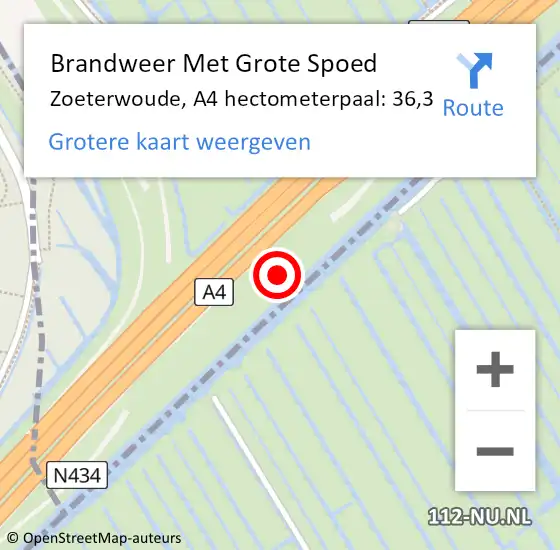 Locatie op kaart van de 112 melding: Brandweer Met Grote Spoed Naar Zoeterwoude, A4 hectometerpaal: 36,3 op 27 juni 2021 00:24