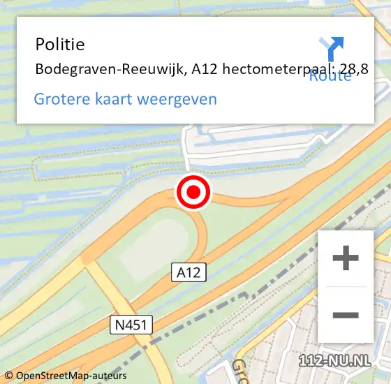 Locatie op kaart van de 112 melding: Politie Bodegraven-Reeuwijk, A12 hectometerpaal: 28,8 op 27 juni 2021 00:45