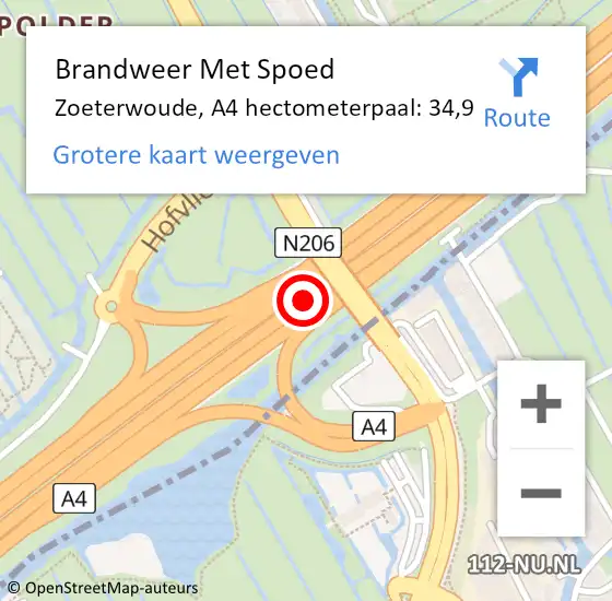 Locatie op kaart van de 112 melding: Brandweer Met Spoed Naar Zoeterwoude, A4 hectometerpaal: 34,9 op 27 juni 2021 01:00