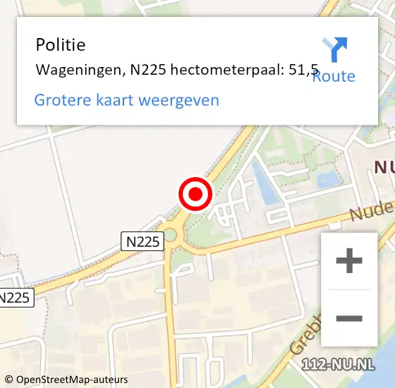 Locatie op kaart van de 112 melding: Politie Wageningen, N225 hectometerpaal: 51,5 op 27 juni 2021 01:24