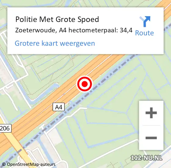 Locatie op kaart van de 112 melding: Politie Met Grote Spoed Naar Zoeterwoude, A4 hectometerpaal: 34,4 op 27 juni 2021 03:12