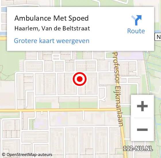 Locatie op kaart van de 112 melding: Ambulance Met Spoed Naar Haarlem, Van de Beltstraat op 27 juni 2021 04:12