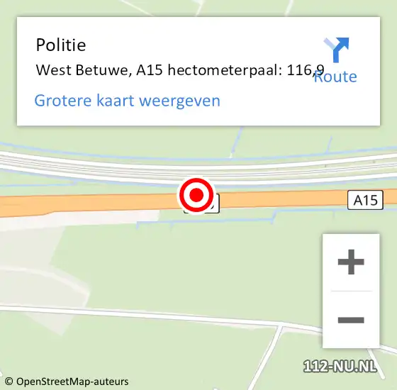 Locatie op kaart van de 112 melding: Politie Geldermalsen, A15 hectometerpaal: 116,9 op 27 juni 2021 11:06