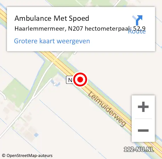 Locatie op kaart van de 112 melding: Ambulance Met Spoed Naar Haarlemmermeer, N207 hectometerpaal: 52,9 op 27 juni 2021 12:16