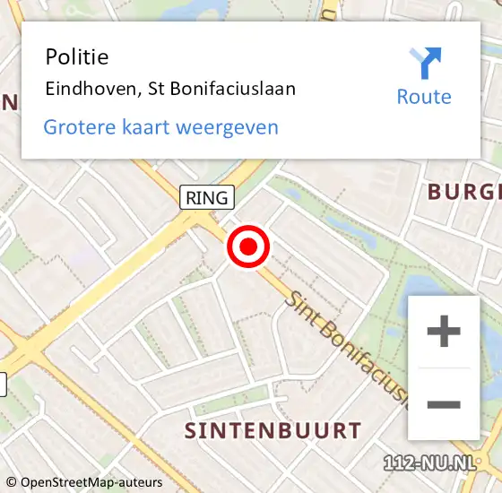 Locatie op kaart van de 112 melding: Politie Eindhoven, St Bonifaciuslaan op 27 juni 2021 13:47