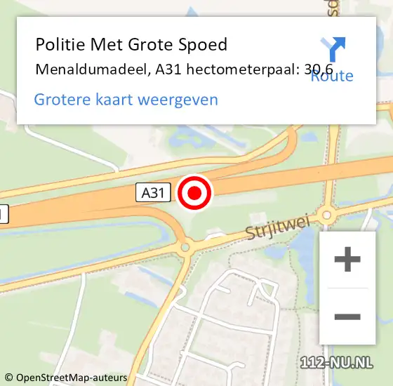 Locatie op kaart van de 112 melding: Politie Met Grote Spoed Naar Menaldumadeel, A31 hectometerpaal: 30,6 op 27 juni 2021 15:02