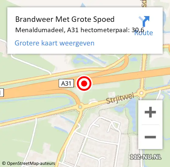 Locatie op kaart van de 112 melding: Brandweer Met Grote Spoed Naar Menaldumadeel, A31 hectometerpaal: 30,6 op 27 juni 2021 15:04