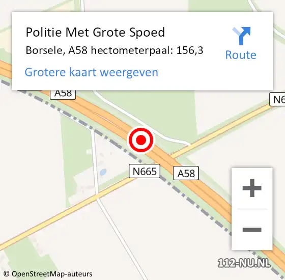 Locatie op kaart van de 112 melding: Politie Met Grote Spoed Naar Borsele, A58 hectometerpaal: 156,3 op 27 juni 2021 18:20